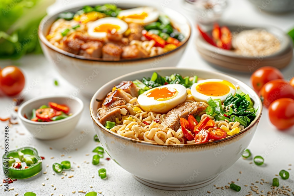Delicious ramen bowl with beef or pork and eggs served on white wooden table. Japanese noodle soup, asian food. Restaurant menu. Banner with copy space Delicious ramen bowl with beef or pork and eggs served on white wooden table. Japanese noodle soup, asian food. Restaurant menu. Banner with copy space