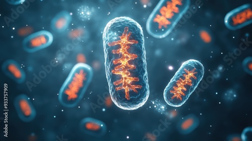 Close-up of mitochondria, the powerhouse of the cell, showcasing detailed structure with glowing elements in a blue background.