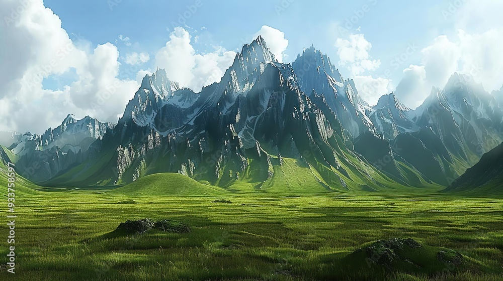 Fototapeta premium Majestic Mountain Range with Lush Green Valley - 3D Illustration