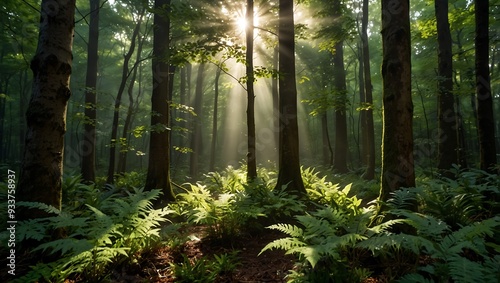 Design a bright and uplifting image of the sun shining through the trees in a lush forest.