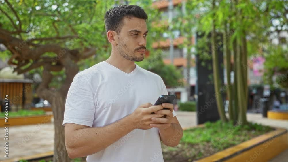 Young hispanic man using a smartphone in an urban park on a sunny day, showcasing a modern lifestyle in an outdoor city environment. Young hispanic man using a smartphone in an urban park on a sunny day, showcasing a modern lifestyle in an outdoor city environment.