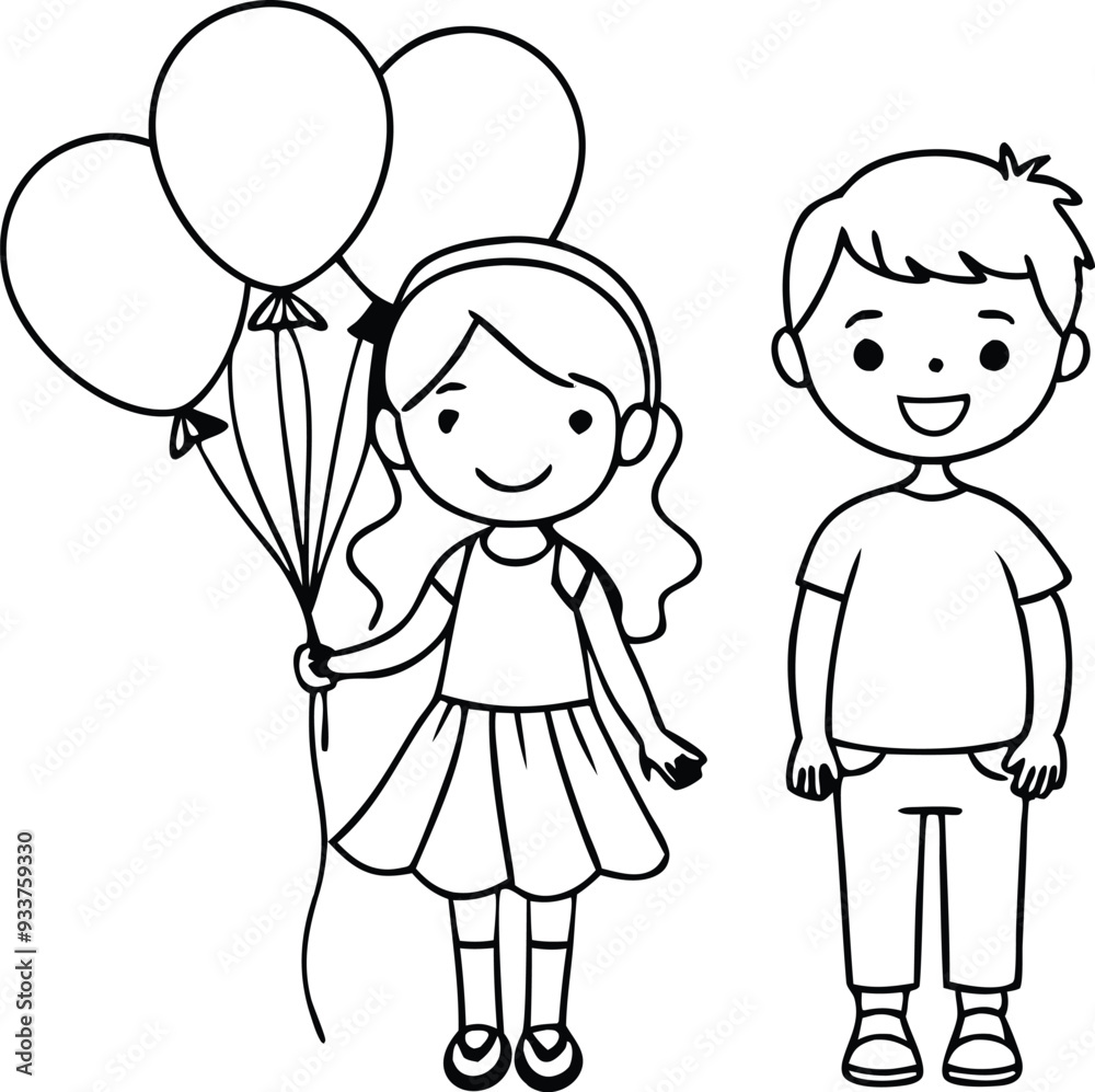 girl and boy with balloons line art illustration black and white girl and boy with balloons line art illustration black and white