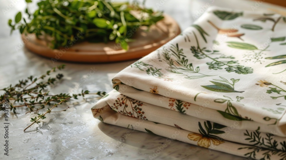 A cozy kitchen towel set with prints of fresh herbs and spices, adding a culinary touch to any kitchen decor A cozy kitchen towel set with prints of fresh herbs and spices, adding a culinary touch to any kitchen decor