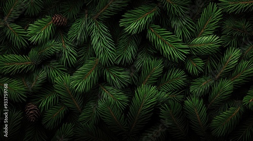 Lush green pine branches with small leaves create a festive atmosphere against a dark background, perfect for holiday greetings or a nature-inspired design