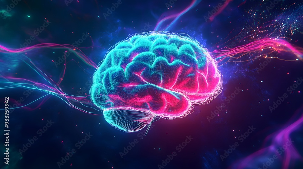 3D illustration of a neon-colored brain with glowing neural pathways, set against a dark background, symbolizing advanced technology and artificial intelligence. 3D illustration of a neon-colored brain with glowing neural pathways, set against a dark background, symbolizing advanced technology and artificial intelligence.