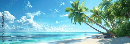 Tropical Beach with Palm Trees and Clear Blue Sky Illustration