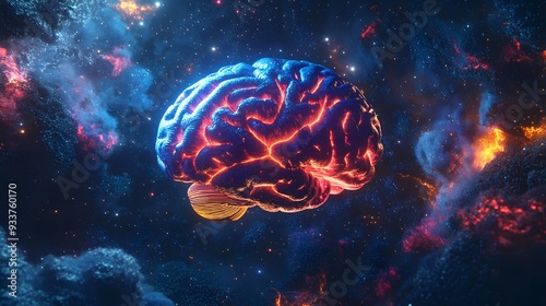 A neon-colored brain floating in deep space, surrounded by a cosmic backdrop, symbolizing the vast potential of human intelligence and artificial intelligence.