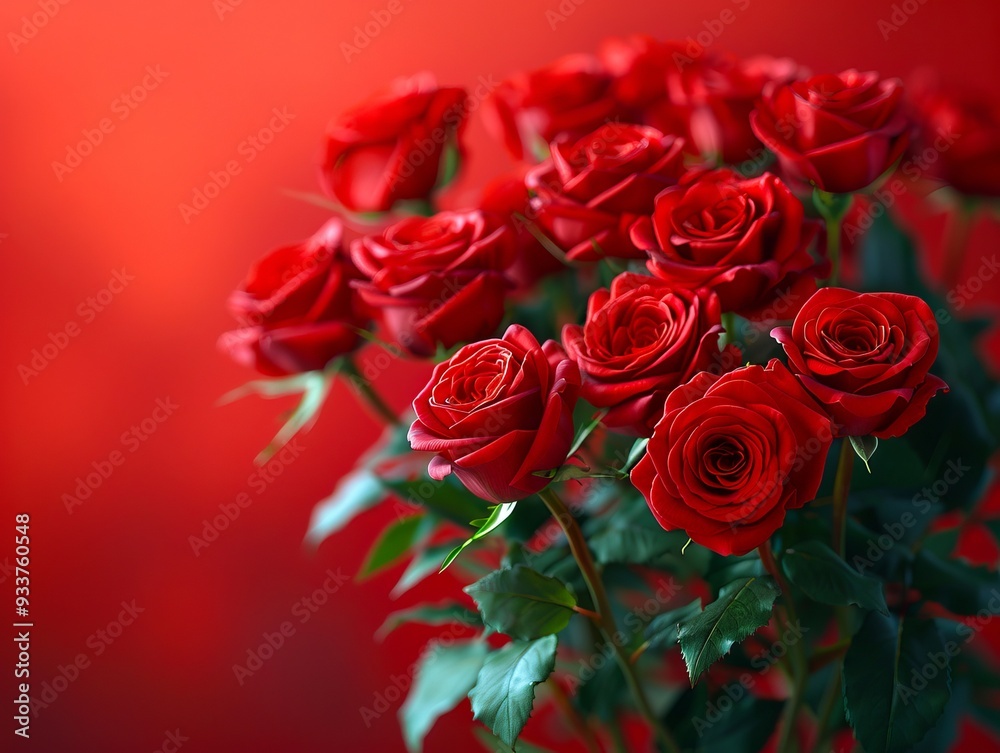 Obraz premium A bunch of red roses in a vase on a red background