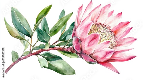 Pink blossom of Protea cynaroides with green leaves hand painted watercolor illustration photo