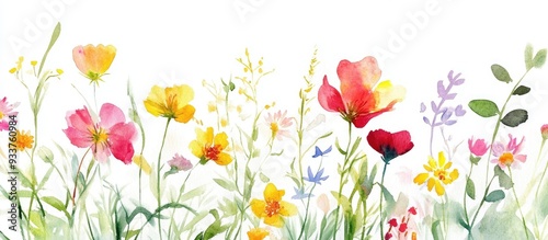 Vibrant watercolor arrangement featuring summer wildflowers grasses and foliage on a white backdrop