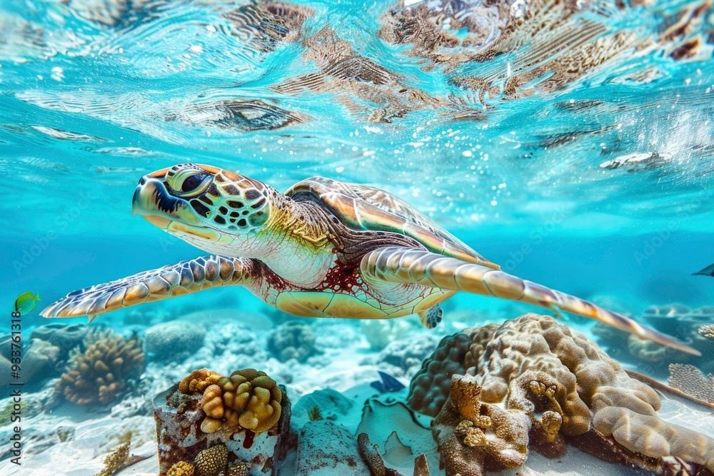 Obraz premium Scene of big turtle swimming in the ocean sea 