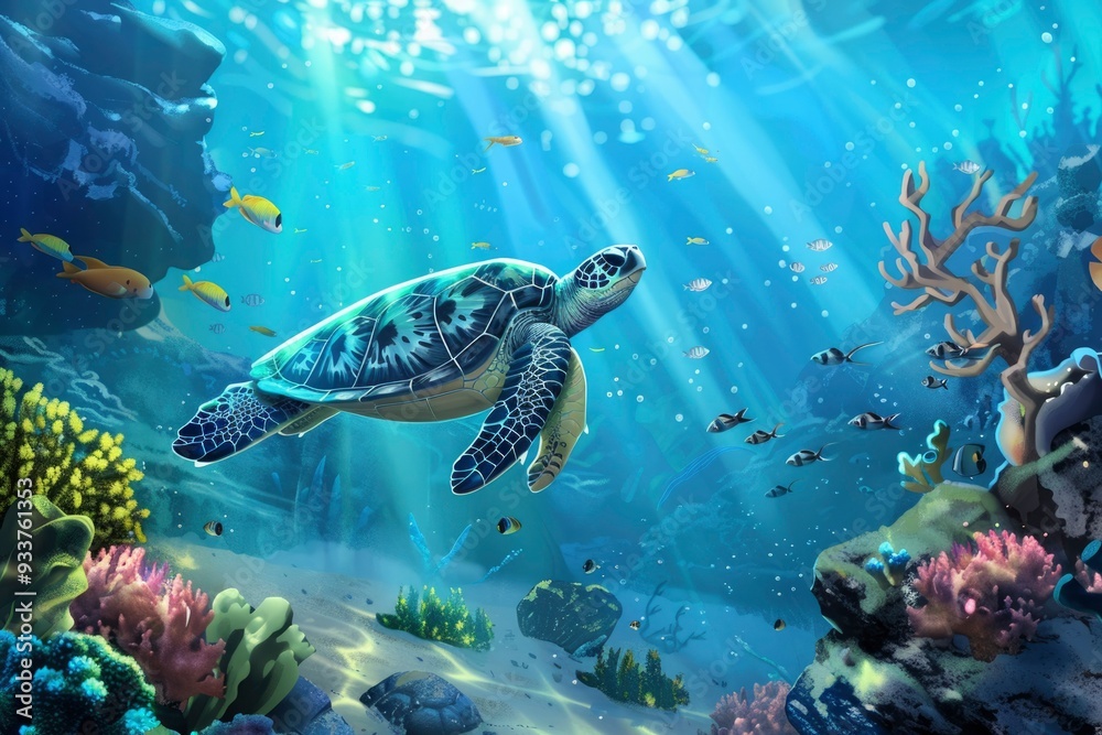 Fototapeta premium Scene of big turtle swimming in the ocean sea 