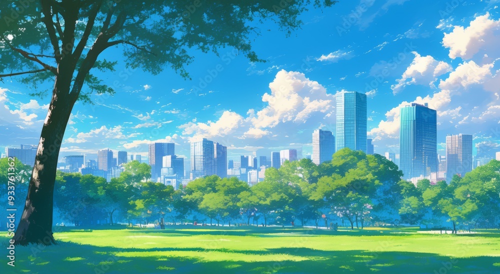 Fototapeta premium Anime-Style City Skyline with Tall Buildings and Green Trees in a Park, Featuring White Clouds and a Bright Blue Sky