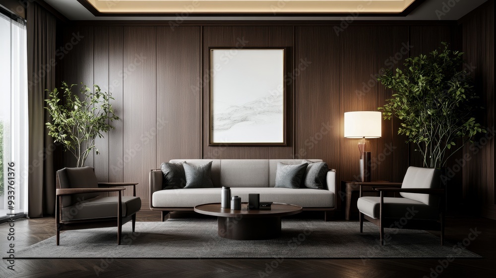 Fototapeta premium Elegant modern living room with stylish furniture, wooden panels, indoor plants, and soft lighting creating a cozy and sophisticated ambiance.