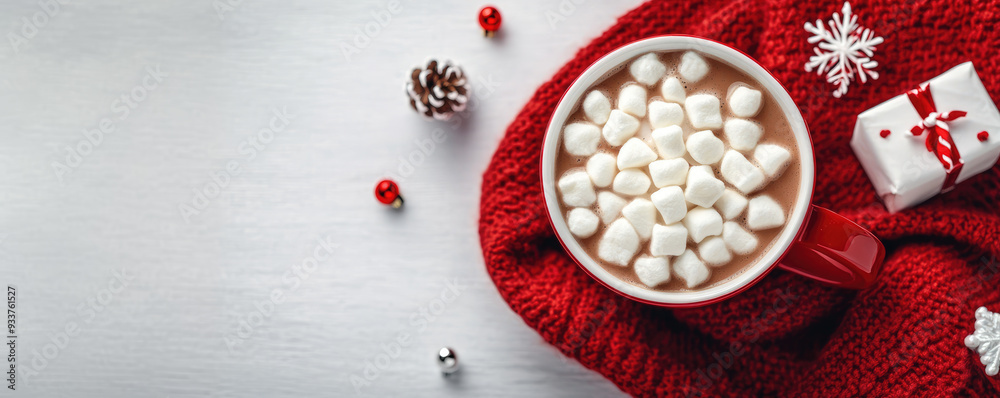 Red mug filled with hot chocolate and marshmallows on knitted blanket Red mug filled with hot chocolate and marshmallows on knitted blanket