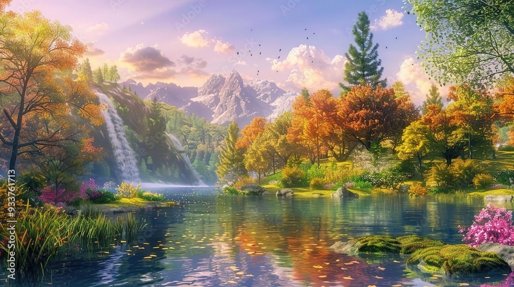 Autumnal Forest Landscape with Waterfall and Mountain View - Digital Illustration Autumnal Forest Landscape with Waterfall and Mountain View - Digital Illustration