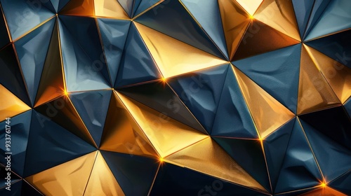 An ornate wall decorated with gold geometric shapes interspersed with blue geometric patterns. photo