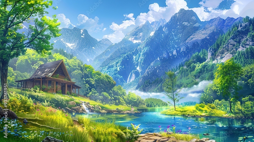 Fototapeta premium Mountain Cabin Illustration with River and Forest