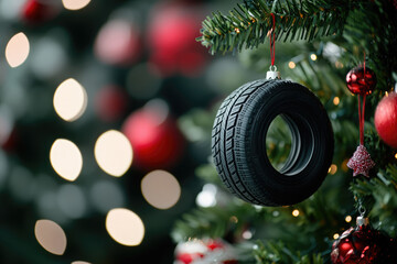 Black toy tire hanging as christmas tree ornament with red baubles and bokeh lights