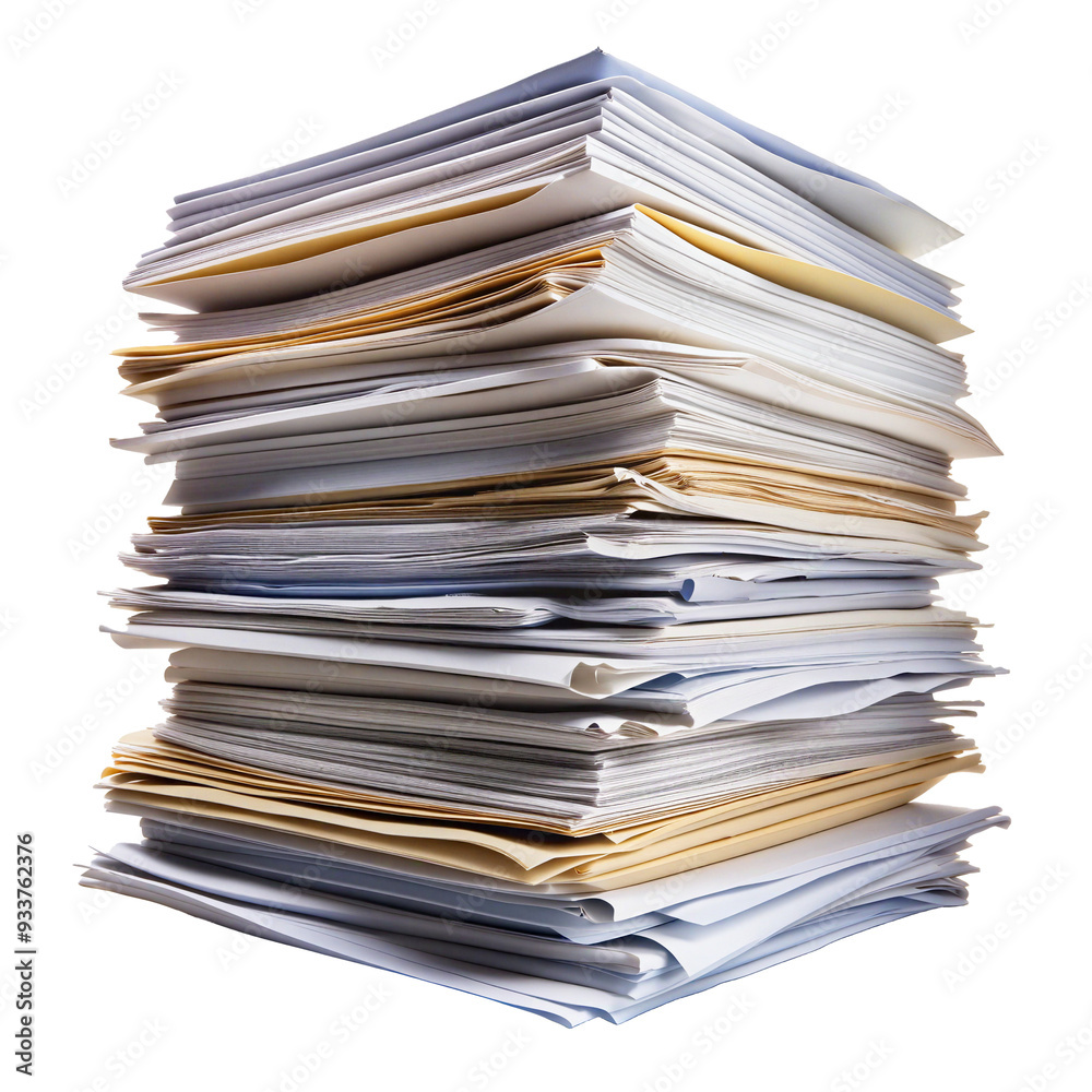 A large, towering stack of documents and folders, representing a heavy workload. Transparent background A large, towering stack of documents and folders, representing a heavy workload. Transparent background