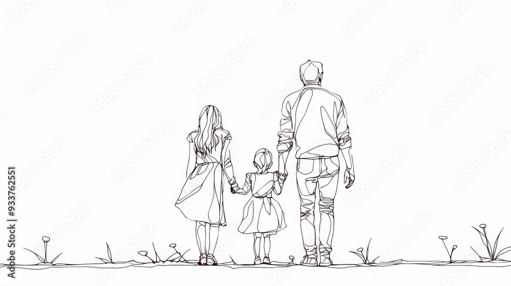 One Line Drawing of Family Holding Hands, Clean and Bold Outlines for Coloring Pages or Clipart One Line Drawing of Family Holding Hands, Clean and Bold Outlines for Coloring Pages or Clipart