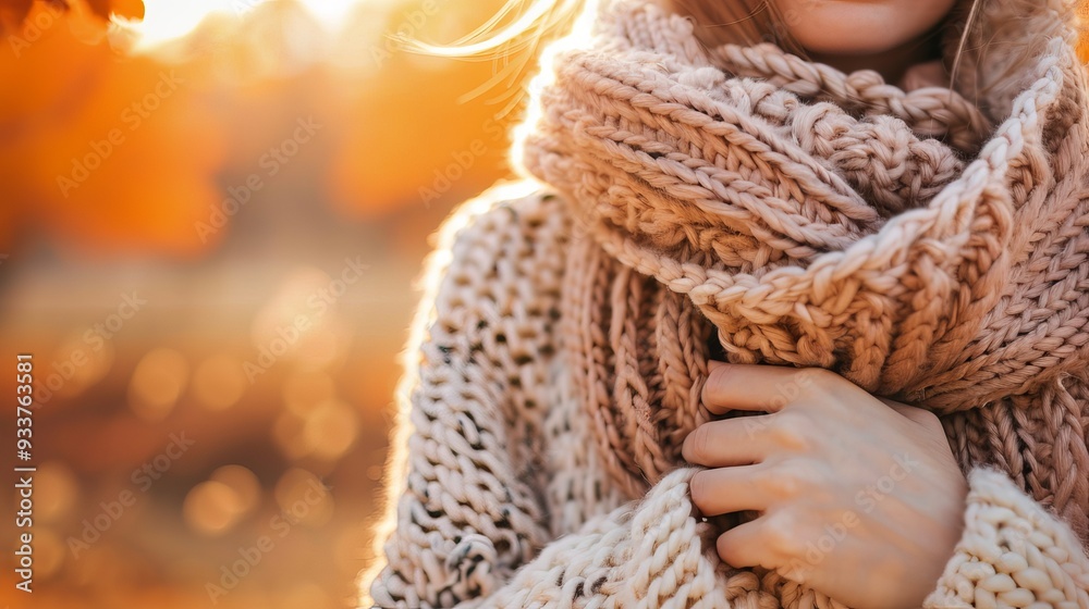 Cozy Autumn Warmth: Person with Chunky Knit Scarf Cozy Autumn Warmth: Person with Chunky Knit Scarf