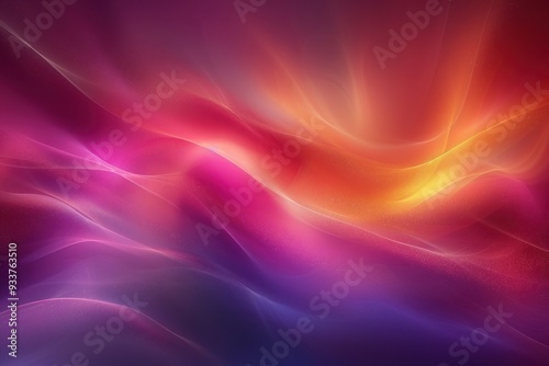 Fluid, glowing lines of light in pink, orange, and purple create a dynamic abstract background