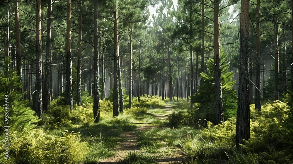 Obraz premium Forest Path Through Tall Pine Trees - Realistic 3D Image