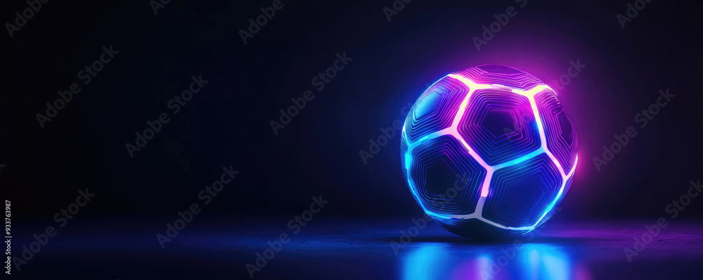 Naklejka premium Futuristic soccer ball shining in dark background with copy space