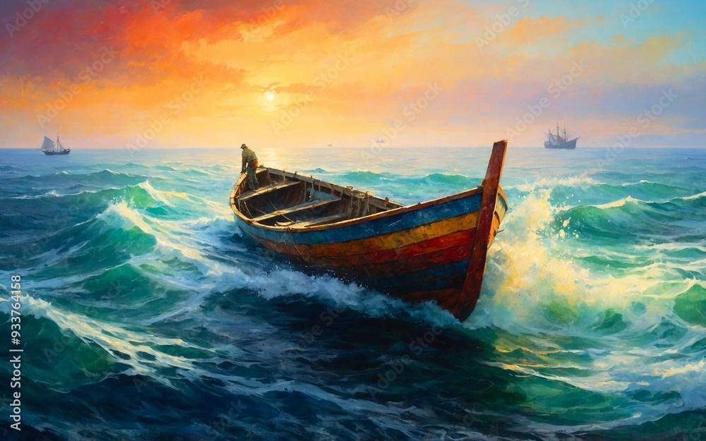 Fragment of multicolored texture painting. Fisherman, ships, boat, sea landscape, oil painting Fragment of multicolored texture painting. Fisherman, ships, boat, sea landscape, oil painting