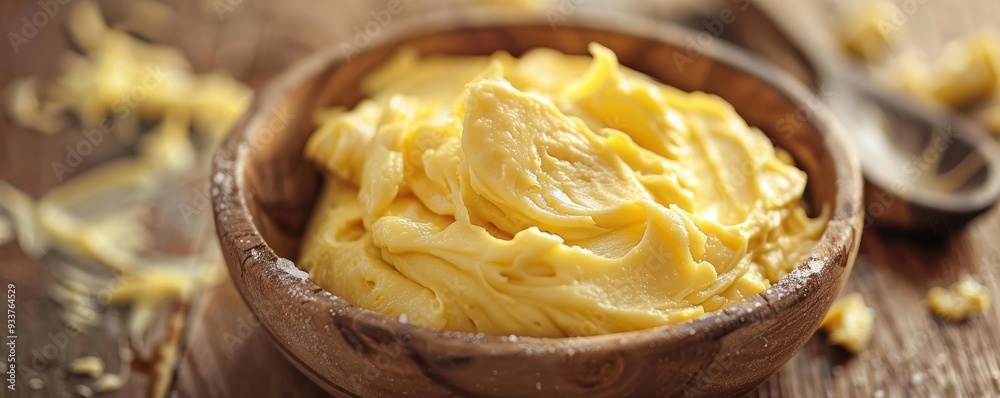 A close-up shot of a wooden bowl filled with creamy, freshly churned butter placed on a rustic wooden table, with a wooden spoon in the background A close-up shot of a wooden bowl filled with creamy, freshly churned butter placed on a rustic wooden table, with a wooden spoon in the background