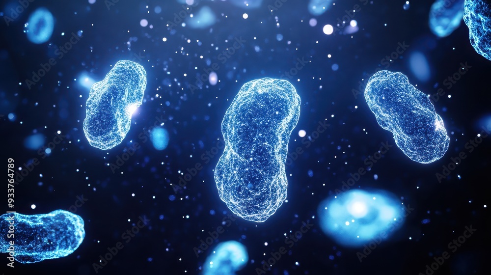 Microscopic view of bacteria with a deep blue background, illustrating biological microorganisms in a laboratory or scientific environment. Microscopic view of bacteria with a deep blue background, illustrating biological microorganisms in a laboratory or scientific environment.