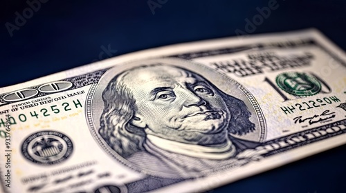 Close-up of a 100 dollar bill with Benjamin Franklin s portrait in sharp focus, set against a dark blue tinted background emphasizing the details of the US banknote photo