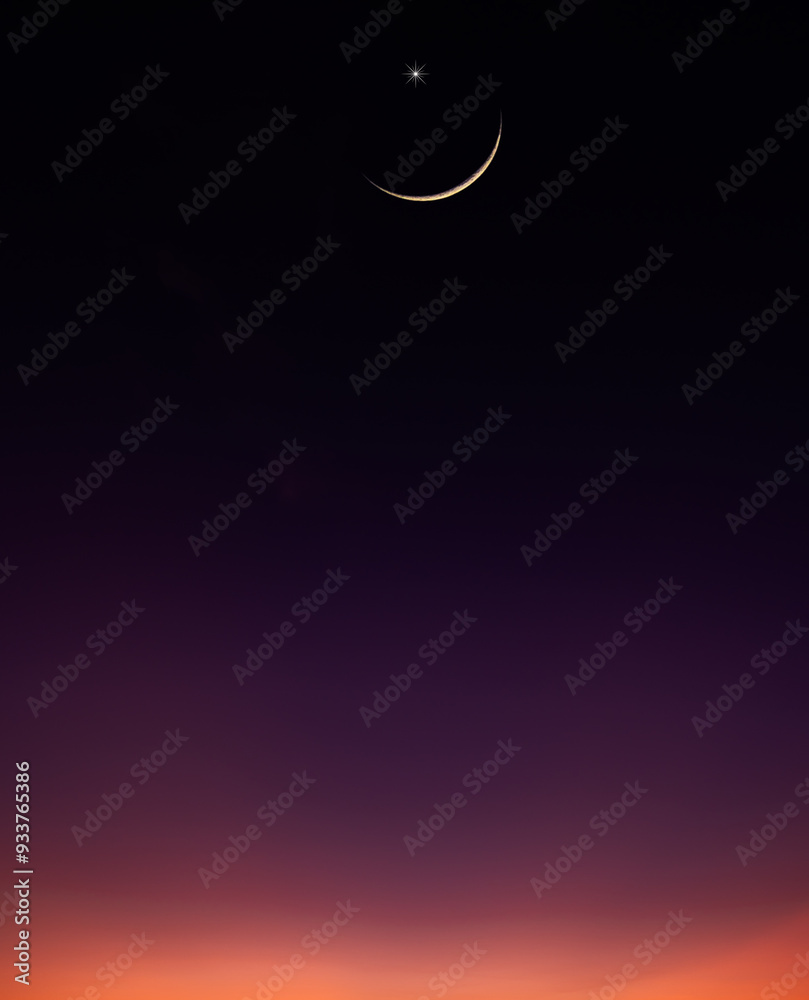 Dusk sky vertical in the evening with orange sunlight after sun down twilight and crescent moon symbol religion of Islamic and free space Arabic Ramadan Kareem, Eid Al Adha, Eid Al Fitr, Eid Mubarak Dusk sky vertical in the evening with orange sunlight after sun down twilight and crescent moon symbol religion of Islamic and free space Arabic Ramadan Kareem, Eid Al Adha, Eid Al Fitr, Eid Mubarak