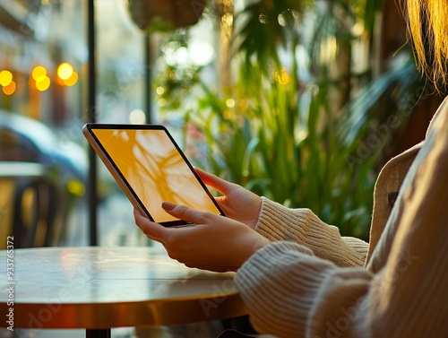 A woman sitting at a table using a tablet computer