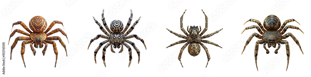 A collection of four distinct spider species showcasing unique textures and colors, perfect for nature and science-related projects. A collection of four distinct spider species showcasing unique textures and colors, perfect for nature and science-related projects.