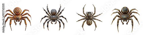 A collection of four distinct spider species showcasing unique textures and colors, perfect for nature and science-related projects.