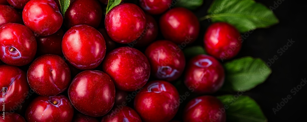 Close-up view of freshly picked organic plums, set on a dark background to contrast their rich, ripe hues and natural beauty Close-up view of freshly picked organic plums, set on a dark background to contrast their rich, ripe hues and natural beauty