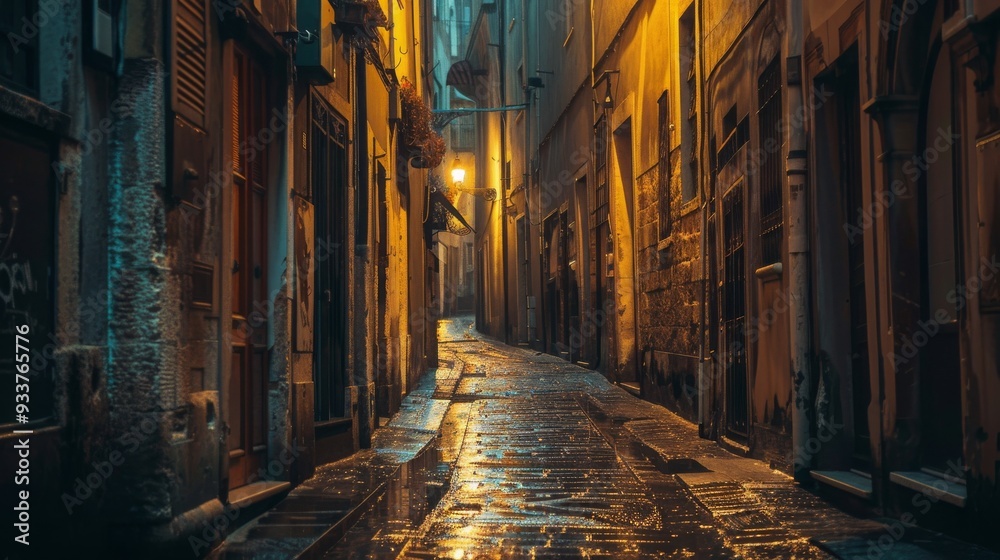 Fototapeta premium Rainy alleyway in a historic town , Cobblestone alleyway with soft lighting , Narrow alleyway , Old town , Rain