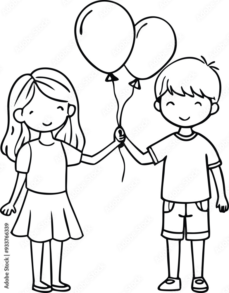 girl and boy with balloons line art illustration black and white girl and boy with balloons line art illustration black and white