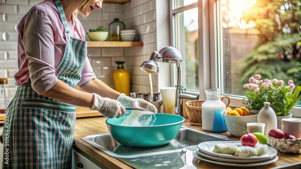 Soapy water surrounds hands as a person scrubs a mixing bowl, surrounded by suds and dirty plates, in a busy kitchen with a window backdrop. Soapy water surrounds hands as a person scrubs a mixing bowl, surrounded by suds and dirty plates, in a busy kitchen with a window backdrop.