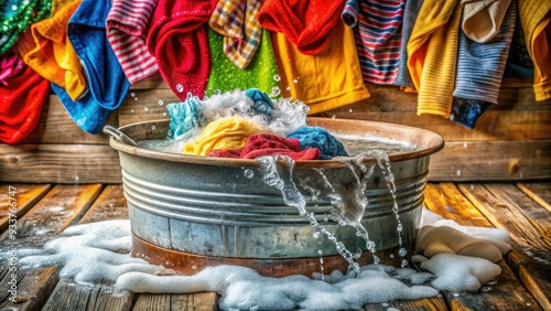 Soapy water splashes in a metal tub as colorful clothing swirls beneath the surface, surrounded by soap bars and a worn wooden washboard. photo