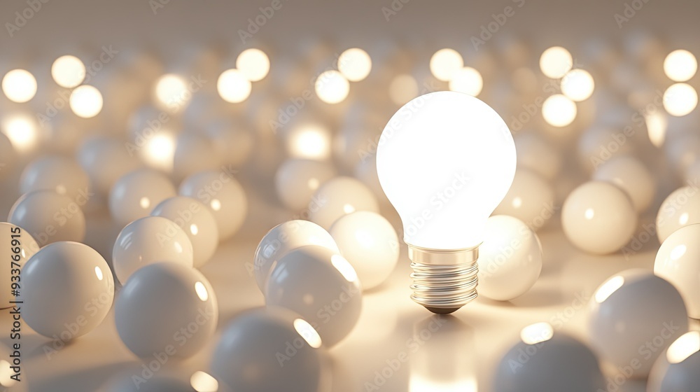 A single illuminated light bulb amidst white bulbs on a bright background, with space available for customized creative text using 3D techniques A single illuminated light bulb amidst white bulbs on a bright background, with space available for customized creative text using 3D techniques