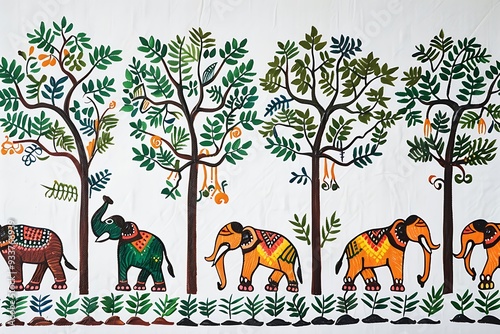 Vintage Gond art painting of of elephants and trees textured