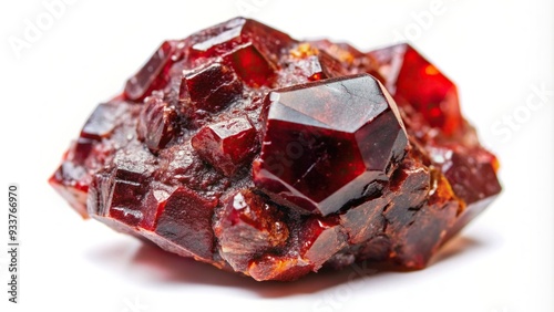 A close up view of a natural rough garnet pyrope almandine crystal featuring its vibrant red color and rough surface texture photographed from a bird s eye perspective on a white background