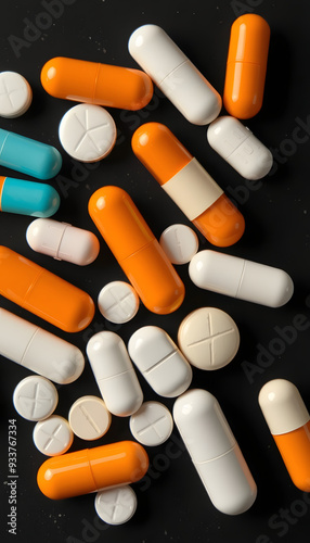 Assorted pharmaceutical medicine pills, tablets and capsules. Black background isolated with white highlights, png photo