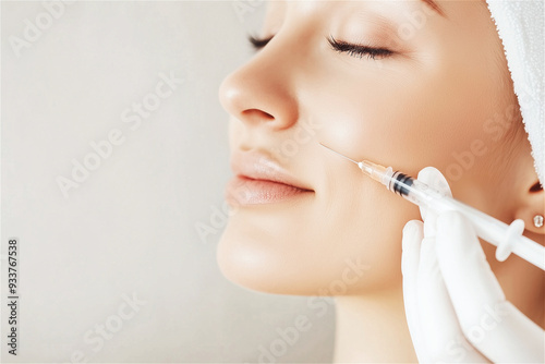 Beautician wearing latex gloves injecting hyaluronic acid into female patient's face for reducing wrinkles