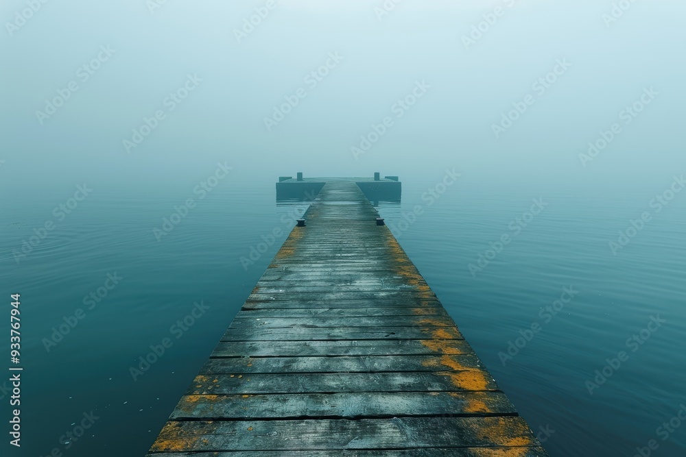 A serene and peaceful foggy lake scene with a wooden dock disappearing into the mist, evoking a sense of calm and quiet solitude in the natural environment A serene and peaceful foggy lake scene with a wooden dock disappearing into the mist, evoking a sense of calm and quiet solitude in the natural environment