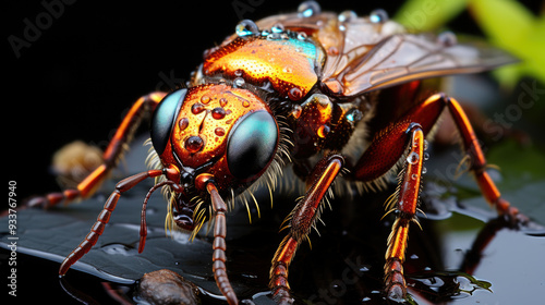 This is a detailed closeup image of a fly showcasing the droplets of water resting on its delicate face and intricate features