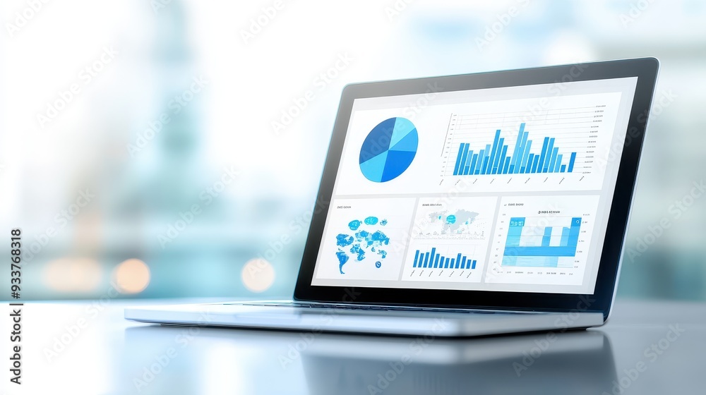 Open laptop displaying various business analytics, charts, and graphs on its screen in a modern office setting. Open laptop displaying various business analytics, charts, and graphs on its screen in a modern office setting.
